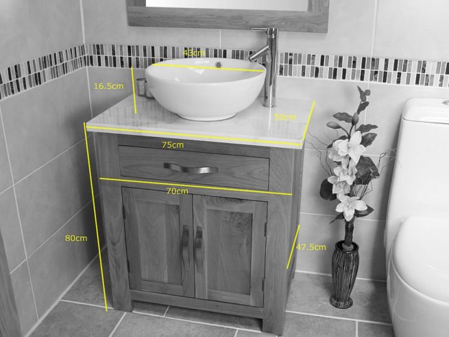 Measurements of Round Curved White Ceramic Basin on Black Quartz Topped Oak Vanity Unit