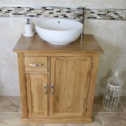 White Round Curved Ceramic Basin & Oak Top Vanity Unit Set