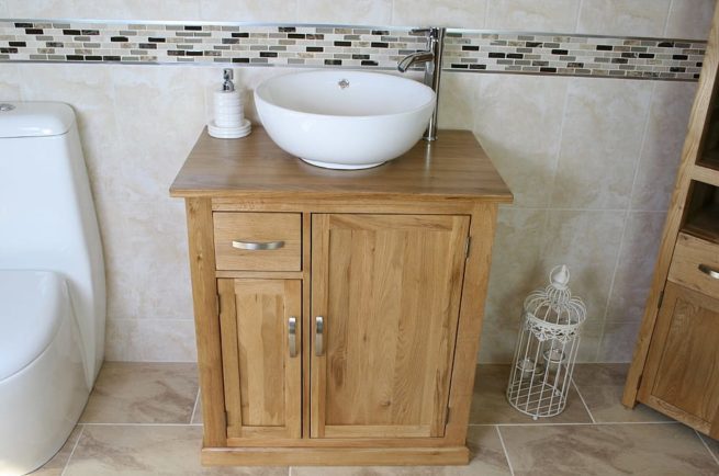 White Round Curved Ceramic Basin & Oak Top Vanity Unit Set