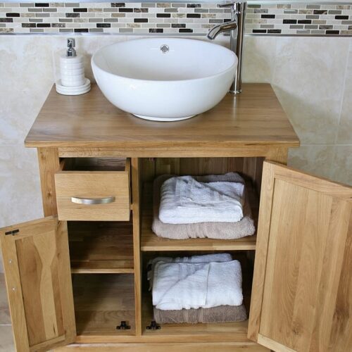 White Ceramic Round Curved Basin & Oak Top Vanity Unit with Lots of Storage