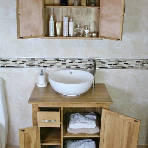 Oak Top Vanity Unit & Oak Mirror Bathroom Cabinet Set - Showing Storage