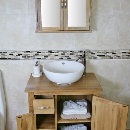 White Ceramic Round Curved Basin & Oak Top Vanity Unit & Mirror Bathroom Cabinet Set