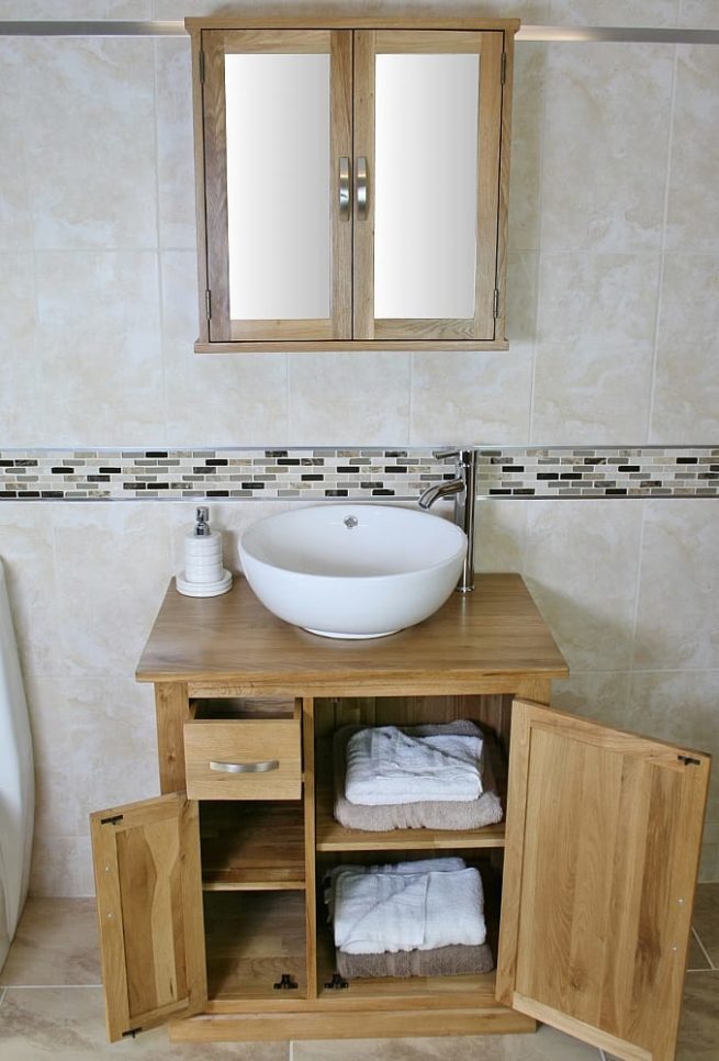 White Ceramic Round Curved Basin & Oak Top Vanity Unit & Mirror Bathroom Cabinet Set