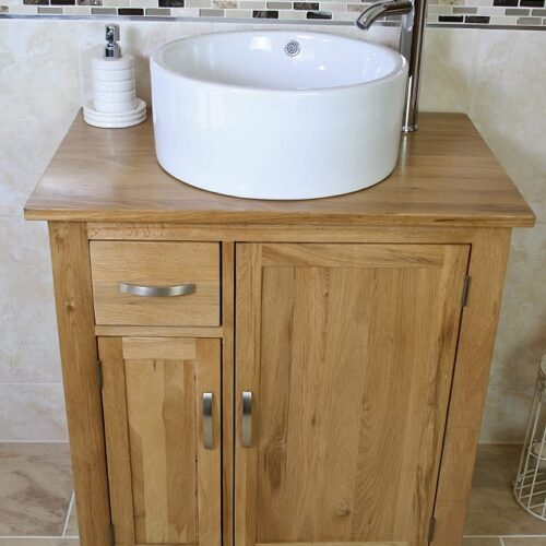 Ceramic Round White Wash Basin on Oak Top Vanity Unit