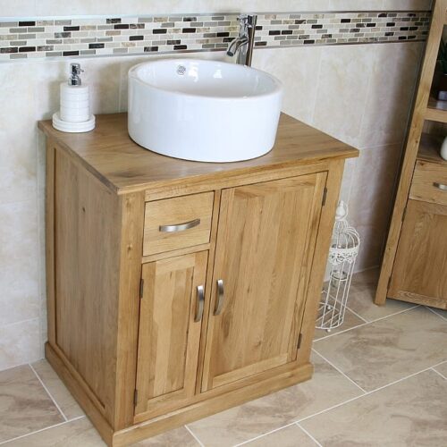 Small Oak Top Vanity Unit with White Round Ceramic Basin - Far Side View