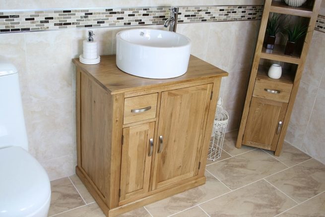 Small Oak Top Vanity Unit with White Round Ceramic Basin - Far Side View