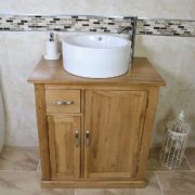 Round White Ceramic Bathroom Basin on Oak Top Vanity Unit
