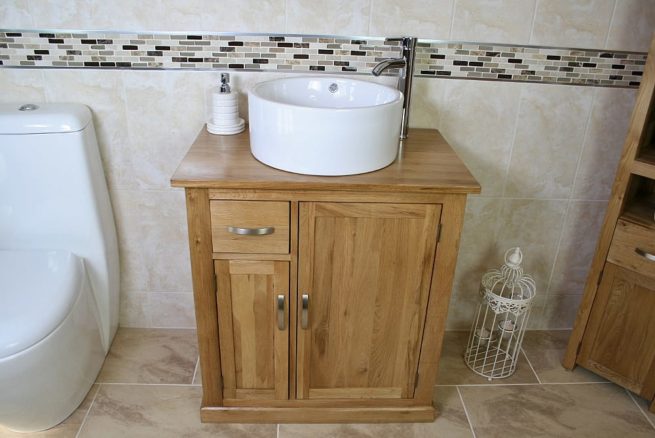 Round White Ceramic Bathroom Basin on Oak Top Vanity Unit