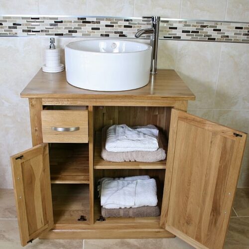 Oak Top Vanity Unit with White Round Bathroom Basin & Lots of Storage