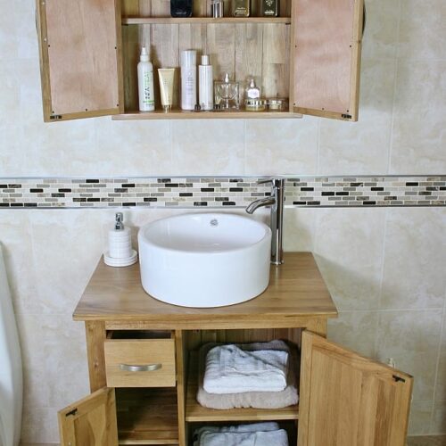 Oak Top Vanity Unit & White Round Ceramic Basin and Oak Bathroom Cabinet Set