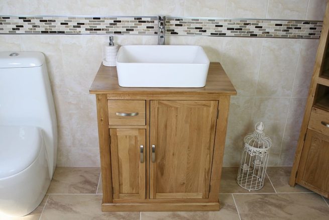 Oak Top Vanity Unit with Rectangle White Ceramic Bathroom Basin