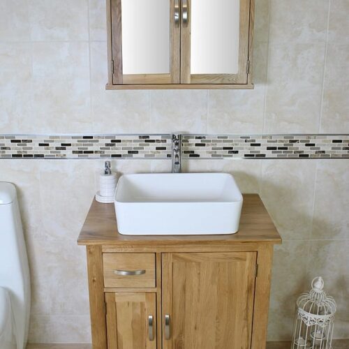 Small Oak Vanity Unit & White Ceramic Basin with Mirror Bathroom Cabinet - Set