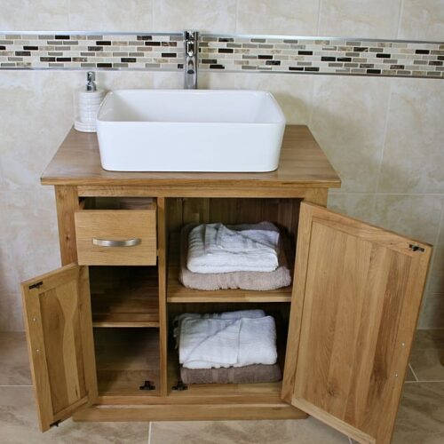 Oak Top Vanity Unit & White Rectangle Ceramic Bathroom Basin - Showing Storage