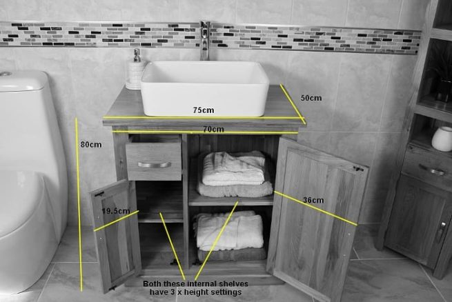 Oak Top Vanity Unit with Rectangular Ceramic Bathroom Basin - Measurements
