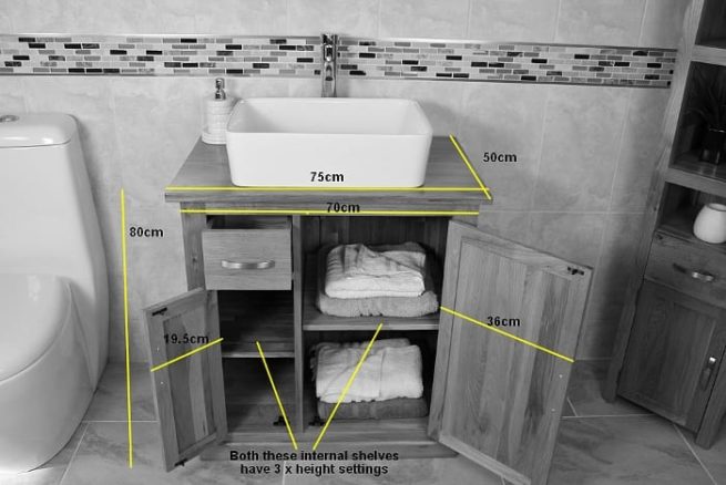 Oak Top Vanity Unit & White Ceramic Basin Choice - Measurements