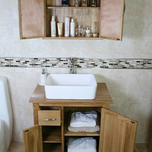 Oak Top Vanity Unit & White Rectangle Ceramic Basin with Oak Storage Cabinet - Set