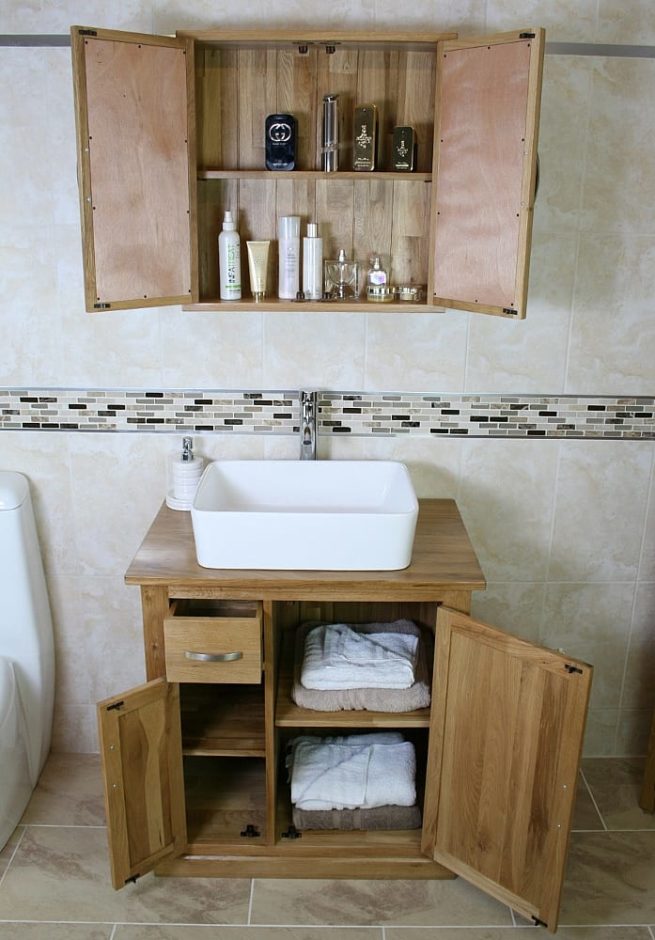 Oak Top Vanity Unit & White Rectangle Ceramic Basin with Oak Storage Cabinet - Set