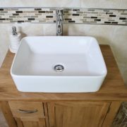 Rectangle White Ceramic Bathroom Basin on Oak Top Vanity Unit - Closeup