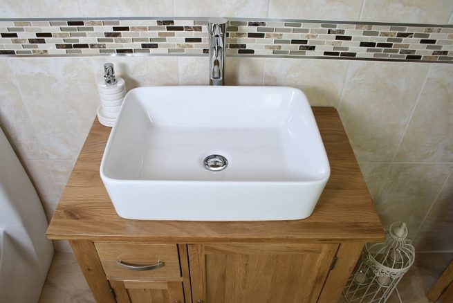 Rectangle White Ceramic Bathroom Basin on Oak Top Vanity Unit - Closeup