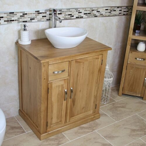 White Oval Ceramic Basin & Oak Top Vanity Unit Set