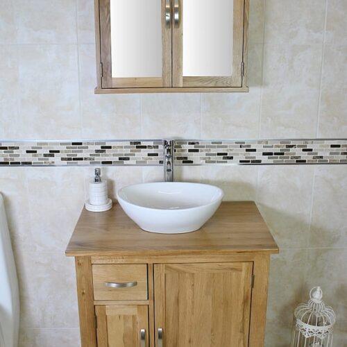 Oak Top Vanity Unit & Oval Ceramic Basin with Mirror Bathroom Cabinet Set