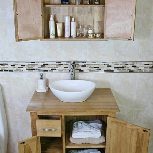 White Ceramic Oval Basin on Oak Top Vanity Unit with Oak Bathroom Cabinet Set - Loads of Storage