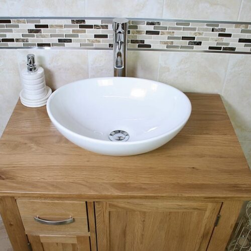 Oval White Ceramic Basin on Oak Top Vanity Unit - Above View