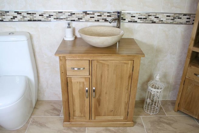 Oak Top Single Basin Vanity Unit with Travertine Basin