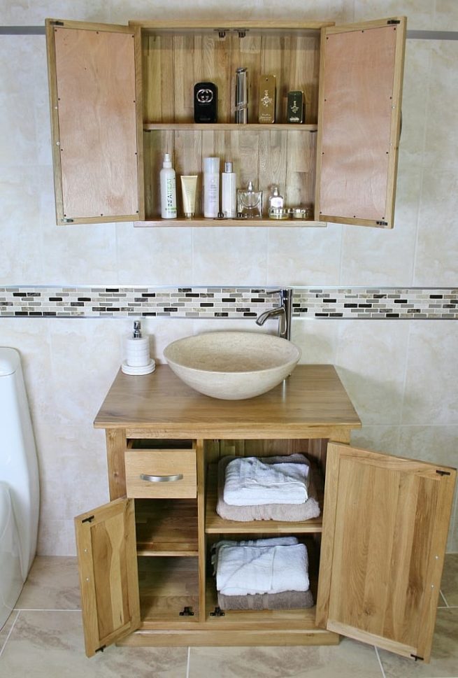 Mirror Cabinet and Oak Storage Vanity Unit with Basin