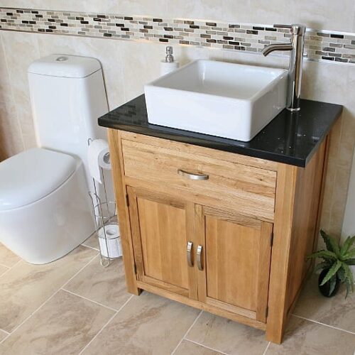 Other Side View of Square White Ceramic Basin on Black Quartz Topped Oak Vanity Unit