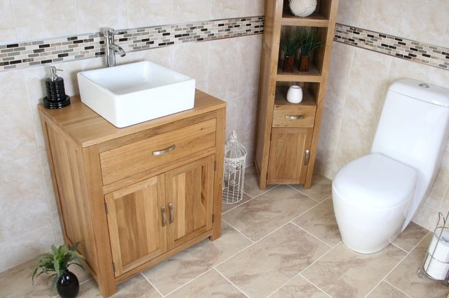 Square White Ceramic Basin on Oak Vanity Unit Far View