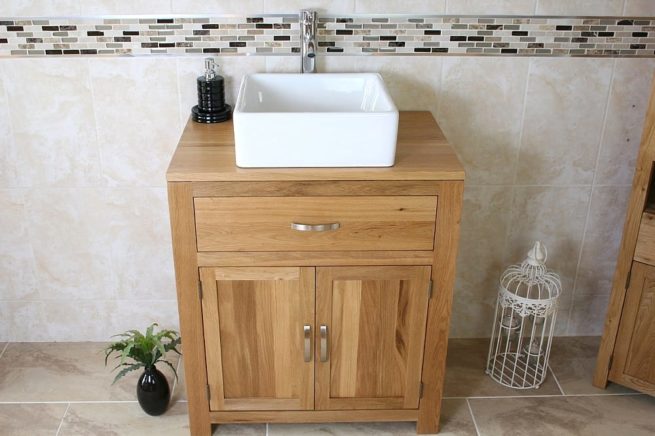 Square Ceramic White Basin on Oak Vanity Unit with Chrome Mixer Tap