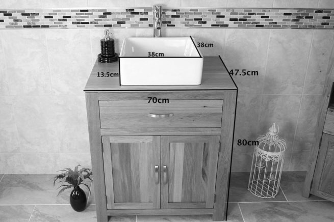 Square Ceramic White Basin on Solid Oak Vanity Unit - Measurements