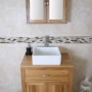 Square White Ceramic Basin with Chrome Mixer Tap on Oak Vanity Unit and Mirror Cabinet