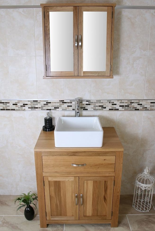 Square White Ceramic Basin with Chrome Mixer Tap on Oak Vanity Unit and Mirror Cabinet