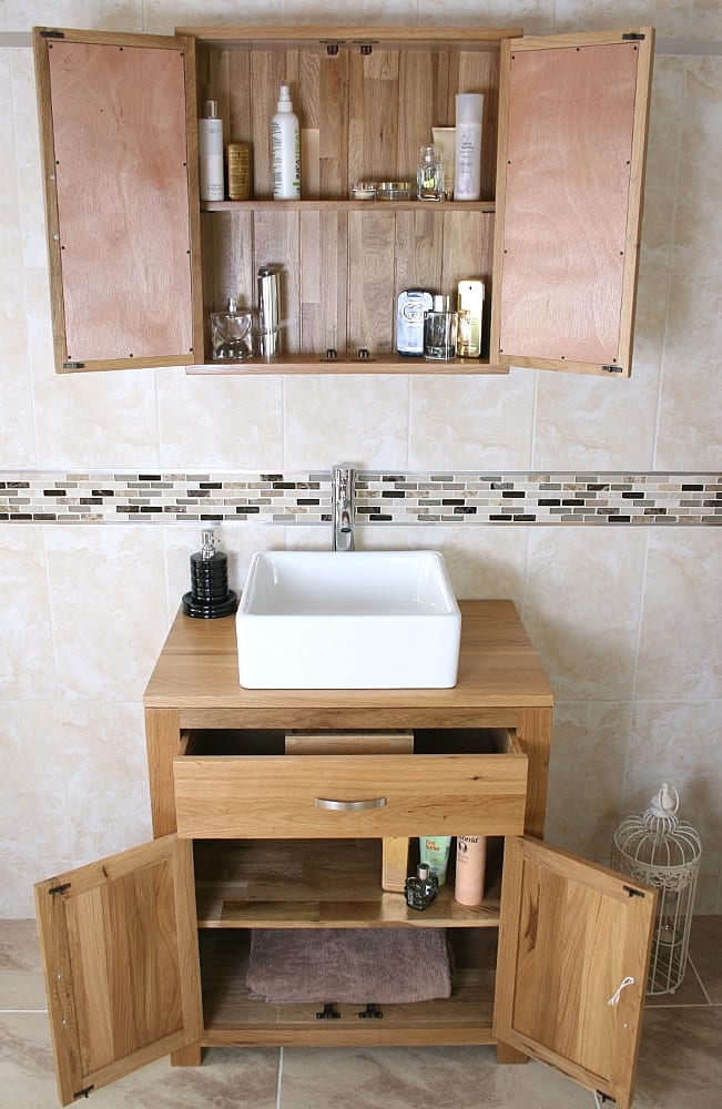 White Square Ceramic Basin with Chromed Mixer Tap on Oak Vanity Unit with Open Doors & Drawers