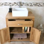Above View of Square White Ceramic Basin on Oak Vanity Unit with Open Drawer & Doors
