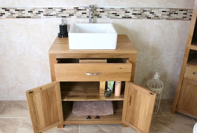 Above View of Square White Ceramic Basin on Oak Vanity Unit with Open Drawer & Doors