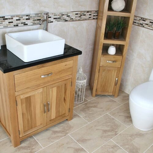 Side View of Square White Ceramic Basin on Black Quartz Topped Oak Vanity Unit