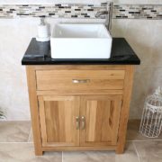 Front View of Square White Ceramic Basin on Black Quartz Topped Oak Vanity Unit