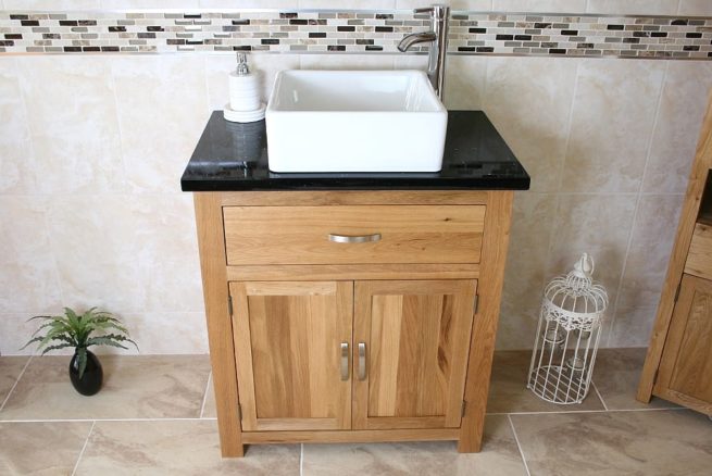 Front View of Square White Ceramic Basin on Black Quartz Topped Oak Vanity Unit