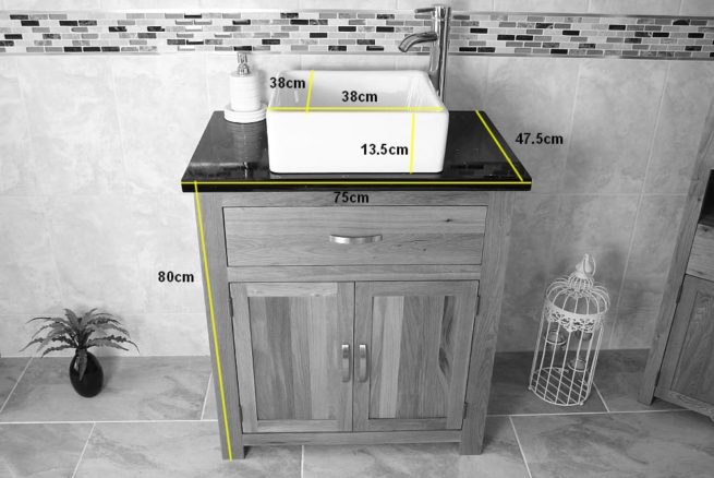 Measurements of Square White Ceramic Basin on Single Oak Vanity Unit with Quartz Top