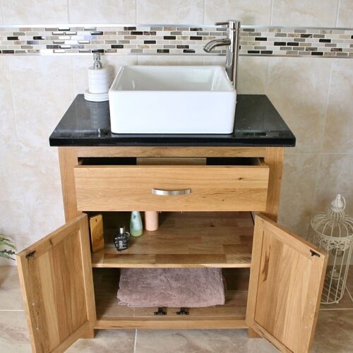 Front View of Square White Ceramic Basin on Black Quartz Topped Oak Vanity Unit Showing Cupboard Storage