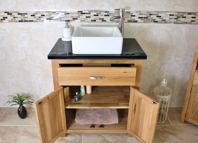 Front View of Square White Ceramic Basin on Black Quartz Topped Oak Vanity Unit Showing Cupboard Storage