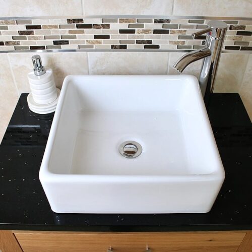 Above View of Square White Ceramic Basin on Black Quartz Topped Oak Vanity Unit