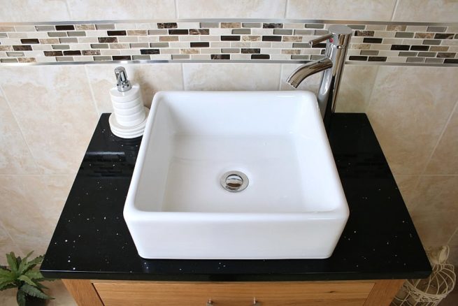 Above View of Square White Ceramic Basin on Black Quartz Topped Oak Vanity Unit