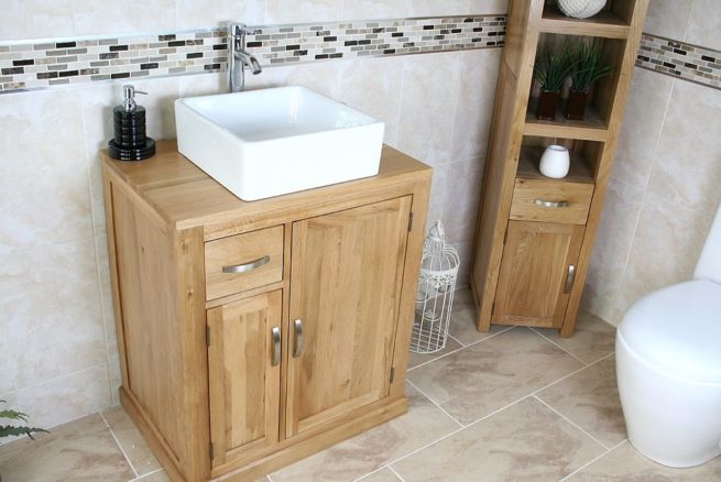 Square White Ceramic Bathroom Basin on Oak Top Vanity Unit