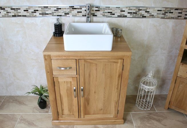 Oak Top Vanity Unit & White Square Ceramic Basin