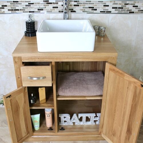 Square Ceramic White Bathroom Basin & Oak Storage Vanity Unit