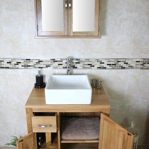 Square Ceramic Basin on Oak Top Vanity Unit with Mirror Bathroom Cabinet - Set